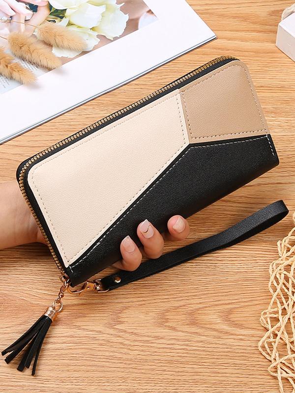 Women's Colorblock Tassel Decor Zipper Long Wallet, 2024 New Style Casual PU Leather Card Holder for Daily Travel Work Commute, Large Capacity Wallet for Women & Girls