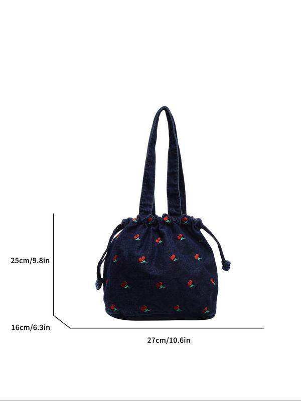 Women's Cherry Pattern Denim Shoulder Bag, Casual Large Capacity Tote Bag for Daily Used, Trendy All-match Bag for Commuters and Students