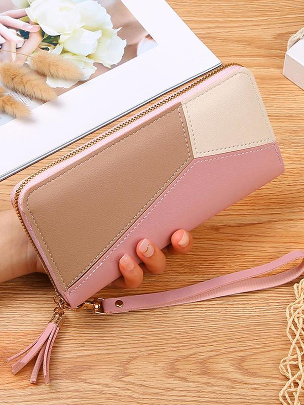 Women's Colorblock Tassel Decor Zipper Long Wallet, 2024 New Style Casual PU Leather Card Holder for Daily Travel Work Commute, Large Capacity Wallet for Women & Girls