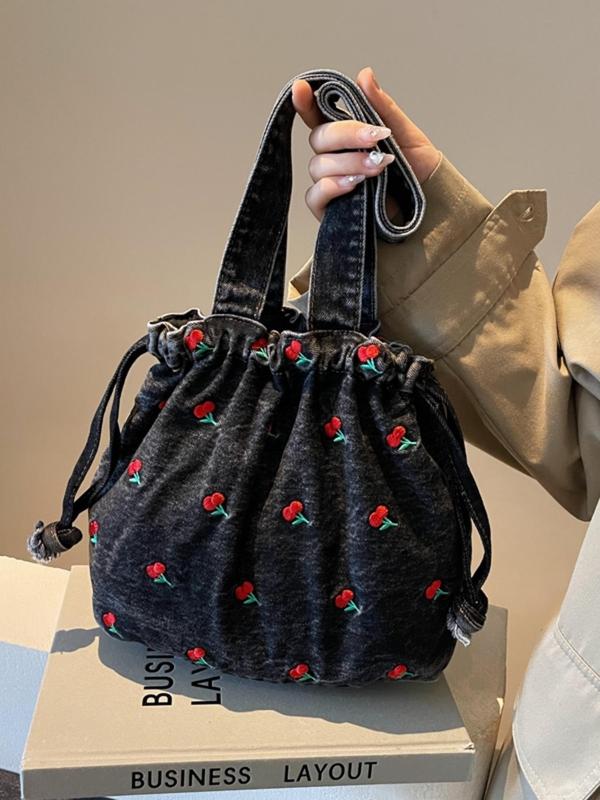 Women's Cherry Pattern Denim Shoulder Bag, Casual Large Capacity Tote Bag for Daily Used, Trendy All-match Bag for Commuters and Students