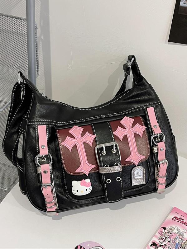 Women's Fashionable Colorblock Crossbody Bag, Punk Style Shoulder Bag with Bag Charm, Casual Trendy Versatile High-quality Daily Commuting Bag