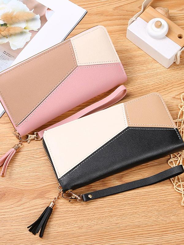 Women's Colorblock Tassel Decor Zipper Long Wallet, 2024 New Style Casual PU Leather Card Holder for Daily Travel Work Commute, Large Capacity Wallet for Women & Girls