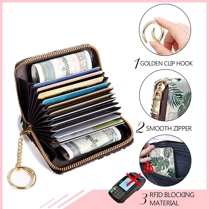 Credit Card Holder for Women, Tropical Leaves Abstract Small RFID Wallet with Zipper, Card Keychain Wallet, Leather Card Case, Business RFID Blocking