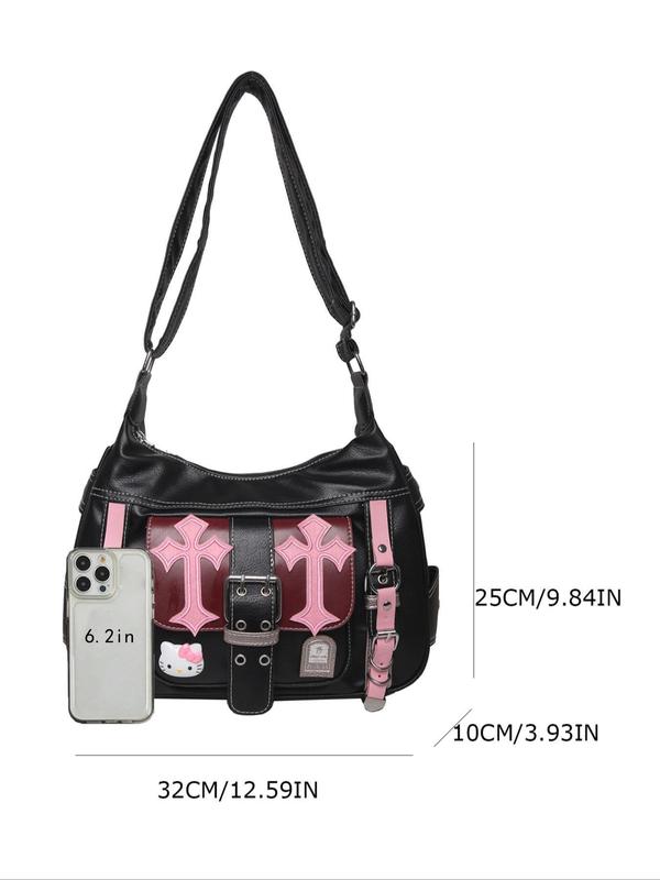 Women's Fashionable Colorblock Crossbody Bag, Punk Style Shoulder Bag with Bag Charm, Casual Trendy Versatile High-quality Daily Commuting Bag