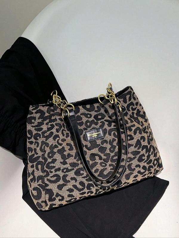 Women's Fashion Leopard Pattern Letter Patched Design Canvas Shoulder Bag, Casual Versatile Zipper Tote Bag for Daily Used, Trendy High-quality Daily Commuting Bag