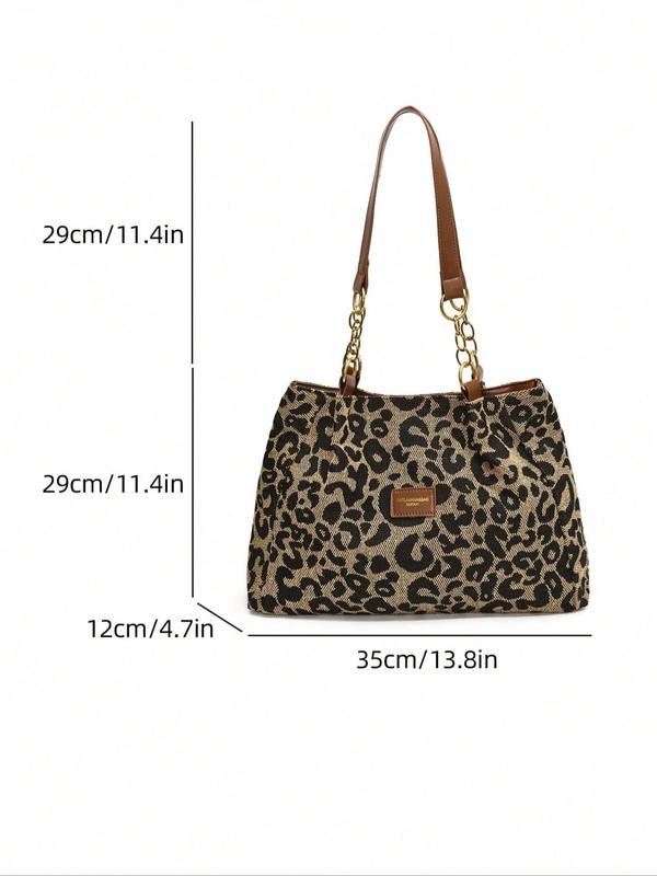 Women's Fashion Leopard Pattern Letter Patched Design Canvas Shoulder Bag, Casual Versatile Zipper Tote Bag for Daily Used, Trendy High-quality Daily Commuting Bag