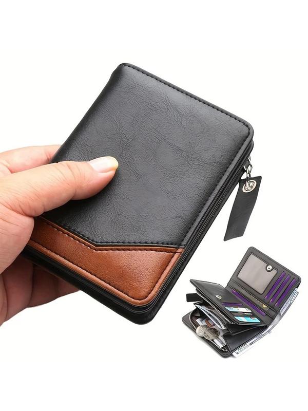 Men's Simple Colorblock Pu Leather Zipper Short Wallet, Business Casual Multi Card Slot Card Holder, Vintage Large Capacity Men's Purse