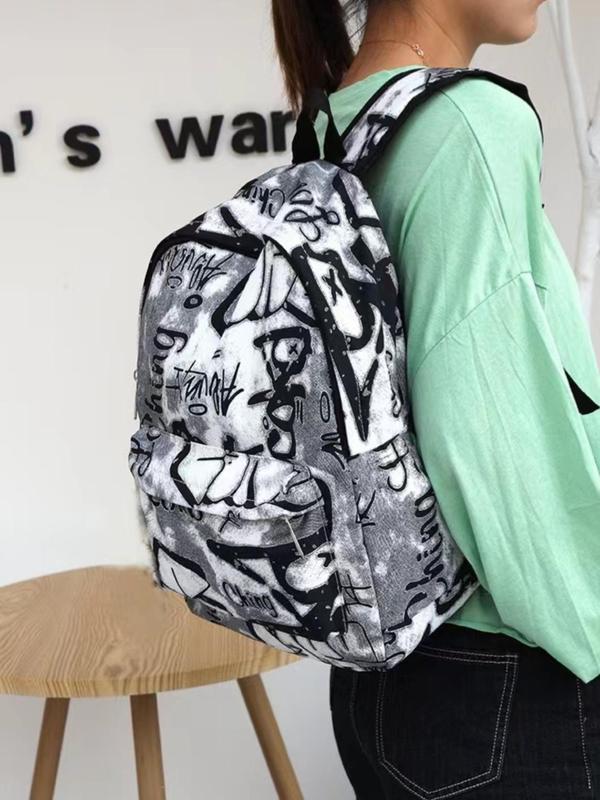 Fashion Letter Random Graphic Print Nylon Backpack, Casual Large Capacity Student School Bag, Trendy Street Zipper Classic Backpack