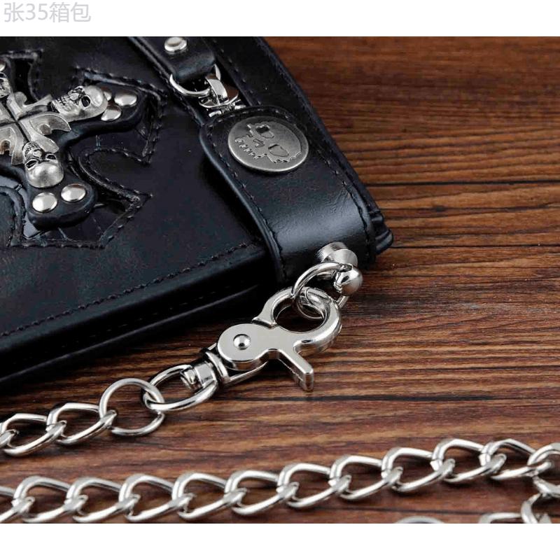 Vintage Black Leather Slim Fold Wallet with Punk Skulls Cross Design and Jeans Long Key Chain - PU Material