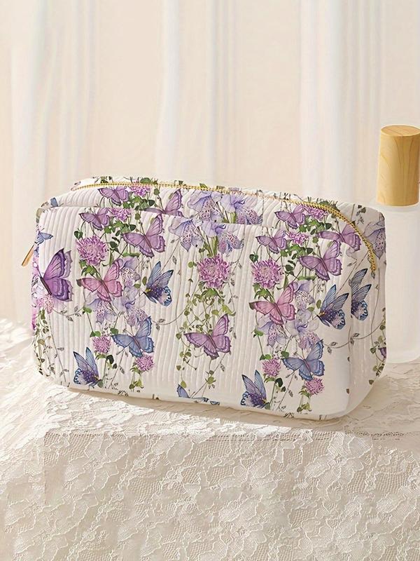 Butterfly & Floral Pattern Makeup Bag, 2024 New Style Lightweight Multi-functional Fashion Makeup Bag, Travel Makeup Bag, Suitable for Leisure Travel and Various Occasions