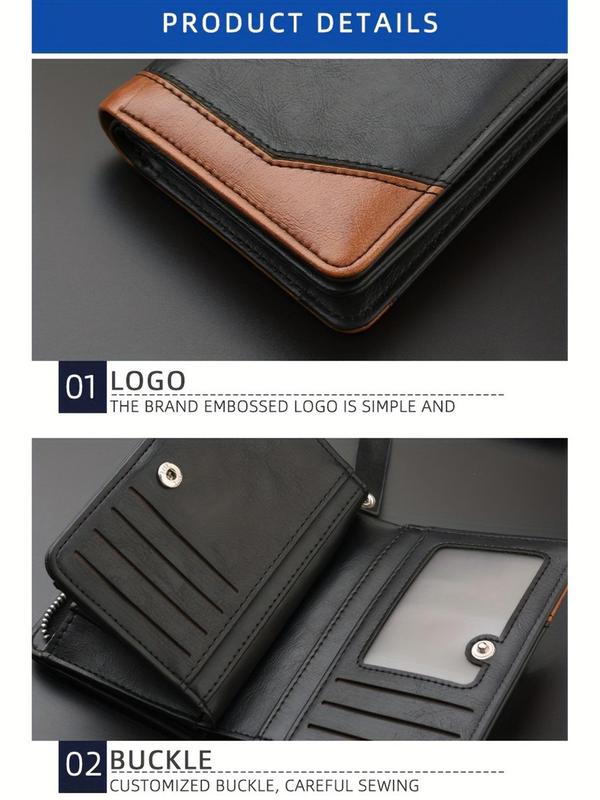 Men's Simple Colorblock Pu Leather Zipper Short Wallet, Business Casual Multi Card Slot Card Holder, Vintage Large Capacity Men's Purse