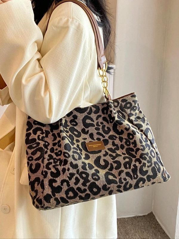 Women's Fashion Leopard Pattern Letter Patched Design Canvas Shoulder Bag, Casual Versatile Zipper Tote Bag for Daily Used, Trendy High-quality Daily Commuting Bag