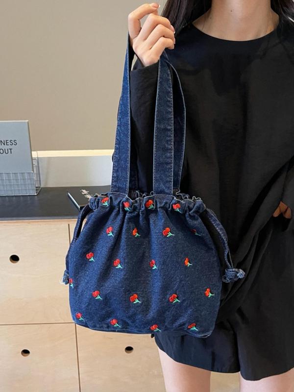 Women's Cherry Pattern Denim Shoulder Bag, Casual Large Capacity Tote Bag for Daily Used, Trendy All-match Bag for Commuters and Students