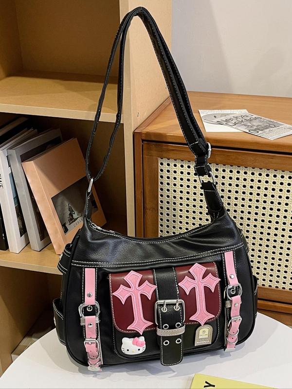 Women's Fashionable Colorblock Crossbody Bag, Punk Style Shoulder Bag with Bag Charm, Casual Trendy Versatile High-quality Daily Commuting Bag