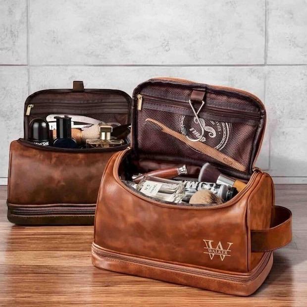 Personalized Leather Hanging Toiletry Bag for Men, Monogrammed Travel Organizer for Men, Dopp Kit with Compartments, Gift for Him