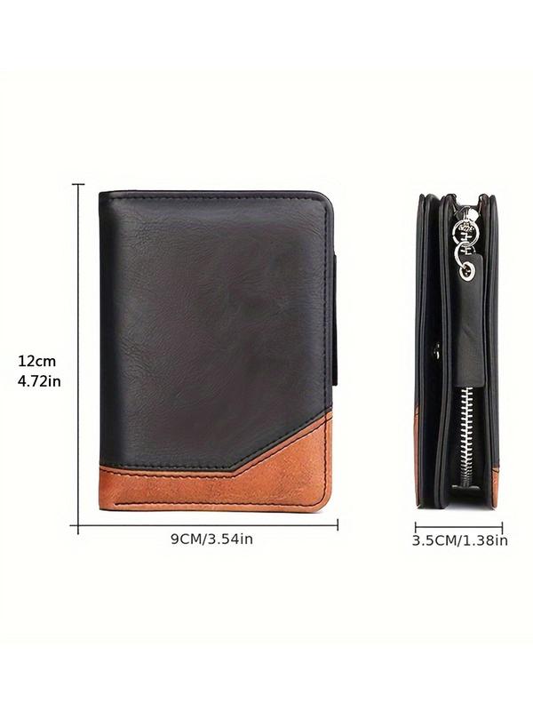 Men's Simple Colorblock Pu Leather Zipper Short Wallet, Business Casual Multi Card Slot Card Holder, Vintage Large Capacity Men's Purse