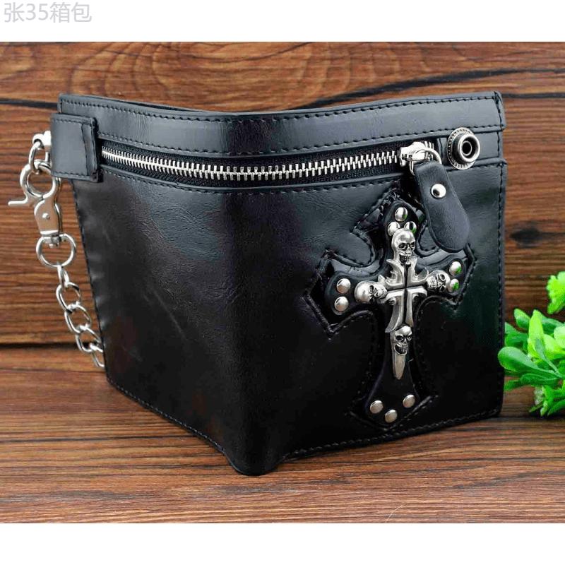 Vintage Black Leather Slim Fold Wallet with Punk Skulls Cross Design and Jeans Long Key Chain - PU Material