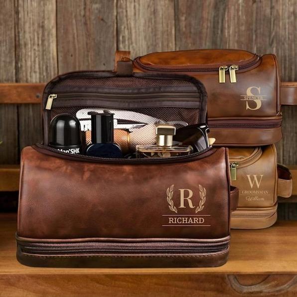 Personalized Leather Hanging Toiletry Bag for Men, Monogrammed Travel Organizer for Men, Dopp Kit with Compartments, Gift for Him