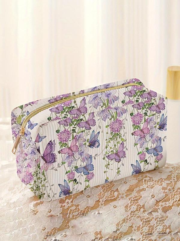 Butterfly & Floral Pattern Makeup Bag, 2024 New Style Lightweight Multi-functional Fashion Makeup Bag, Travel Makeup Bag, Suitable for Leisure Travel and Various Occasions