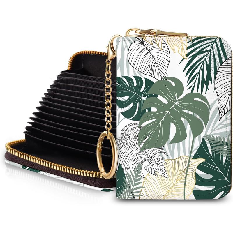 Credit Card Holder for Women, Tropical Leaves Abstract Small RFID Wallet with Zipper, Card Keychain Wallet, Leather Card Case, Business RFID Blocking