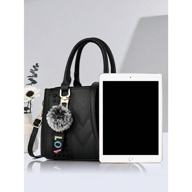 New Shoulder Handbag With Fur Ball Pendant, Casual Style, Mother's Day Gift For Mom, Must-Have For Mom, Perfect For Office, College, Work, Business, Commuting, Outdoor, Travel, Outing