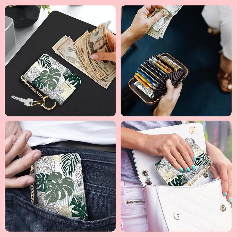 Credit Card Holder for Women, Tropical Leaves Abstract Small RFID Wallet with Zipper, Card Keychain Wallet, Leather Card Case, Business RFID Blocking