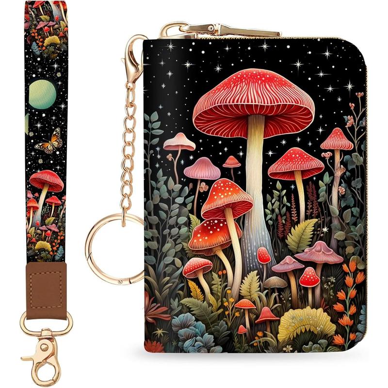 Credit Card Holder for Women, Tropical Leaves Abstract Small RFID Wallet with Zipper, Card Keychain Wallet, Leather Card Case, Business RFID Blocking