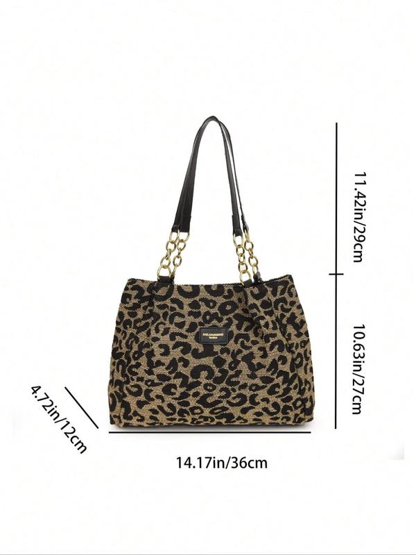 Women's Fashion Leopard Pattern Letter Patched Design Canvas Shoulder Bag, Casual Versatile Zipper Tote Bag for Daily Used, Trendy High-quality Daily Commuting Bag