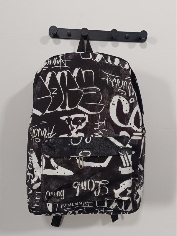 Fashion Letter Random Graphic Print Nylon Backpack, Casual Large Capacity Student School Bag, Trendy Street Zipper Classic Backpack