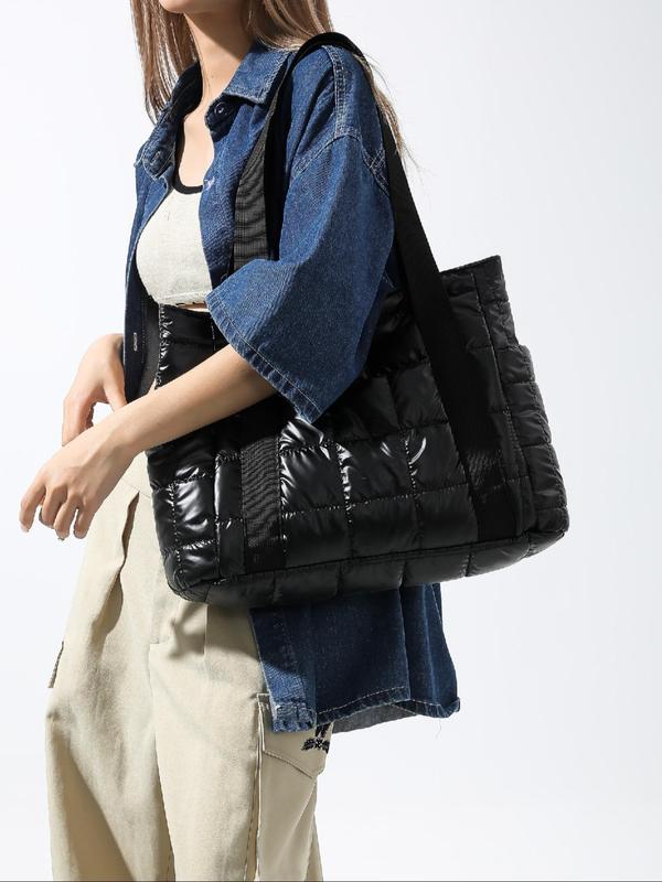 Women's Solid Color Quilted Puffer Tote Bag, Fashionable Large Capacity Shoulder Bag for Daily Commute, Casual Trendy Versatile High-quality Daily Commuting Bag