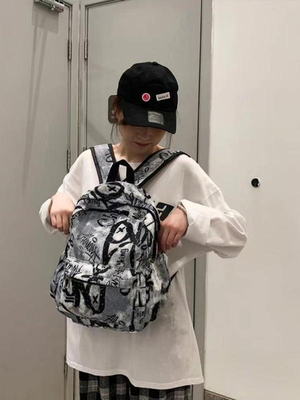 Fashion Letter Random Graphic Print Nylon Backpack, Casual Large Capacity Student School Bag, Trendy Street Zipper Classic Backpack