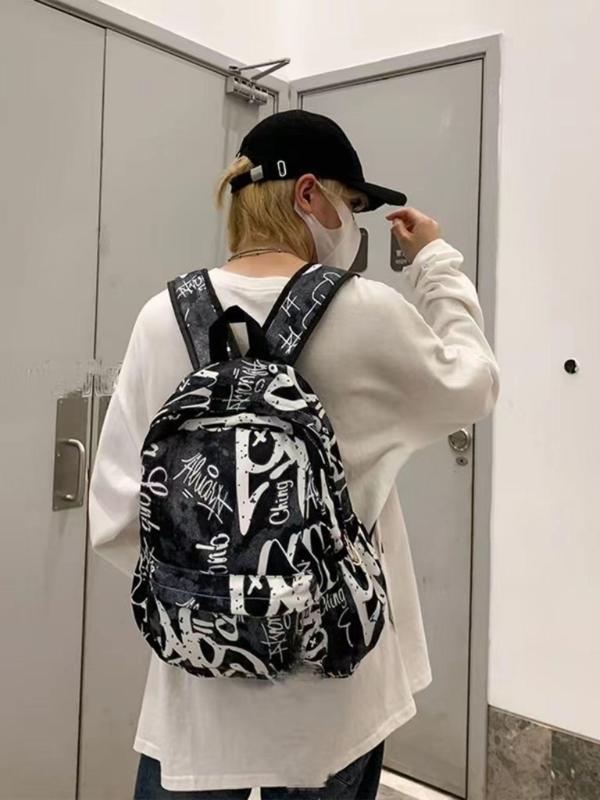 Fashion Letter Random Graphic Print Nylon Backpack, Casual Large Capacity Student School Bag, Trendy Street Zipper Classic Backpack