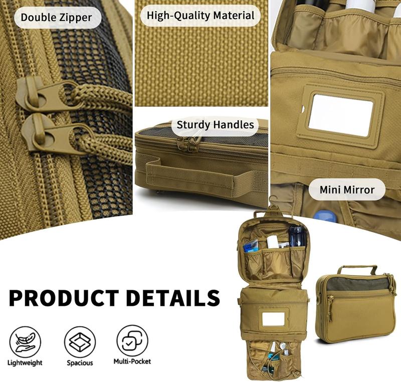 Mens Toiletry Travel Bag With Double Side full Open Design Travel Toiletry Organizer Dopp Kit Shaving Hygiene Bag Bathroom Hanging Toiletry Bag for Short Trips Tactical Toiletry Bag Khaki