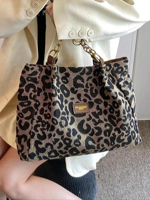 Women's Fashion Leopard Pattern Letter Patched Design Canvas Shoulder Bag, Casual Versatile Zipper Tote Bag for Daily Used, Trendy High-quality Daily Commuting Bag