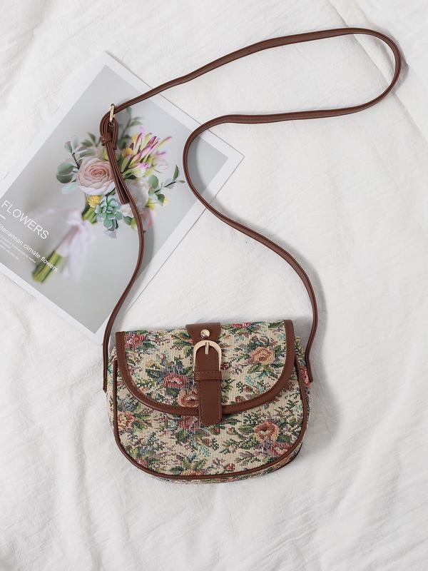 Women's Vintage Floral Pattern Contrast Binding Design Saddle Bag, Boho Style Crossbody Bag, Fashionable Bag for Daily Use