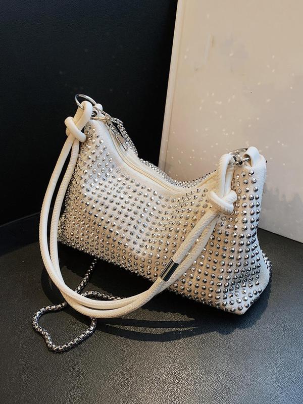 Women's Fashion Rhinestone Decorated Shoulder Bag, Elegant Plain Suede Crossbody Bag for Party Wedding, Trendy Matching Underarm Bag for Women