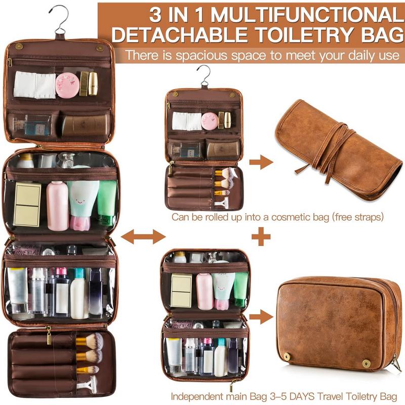 Toiletry Bag Hanging Travel Organizer for Men and Women, 3 in 1 Multifunctional Large Makeup Cosmetic Case for Toiletries Accessories, Water-resistant PU Leather Bathroom Dopp Kit Shaving Bag