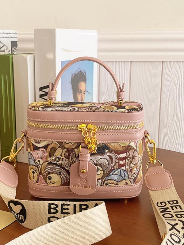 Fashionable Pu Leather Handbag, Cute Cartoon Bear Print Bucket Bag, with Adjustable Strap, Casual Trendy Versatile High-quality Daily Commuting Bag