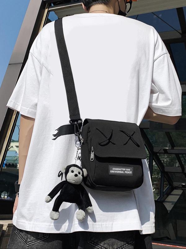 Men's Street Trend Letter Patched Design Crossbody Bag, Fashionable Bag with Stuffed Doll Charm, Casual Versatile Shoulder Bag for Daily Used