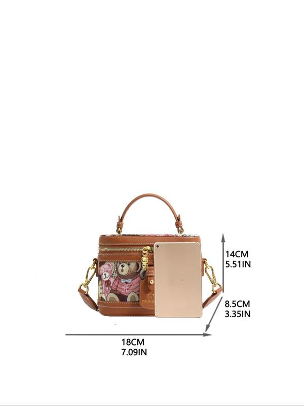 Fashionable Pu Leather Handbag, Cute Cartoon Bear Print Bucket Bag, with Adjustable Strap, Casual Trendy Versatile High-quality Daily Commuting Bag