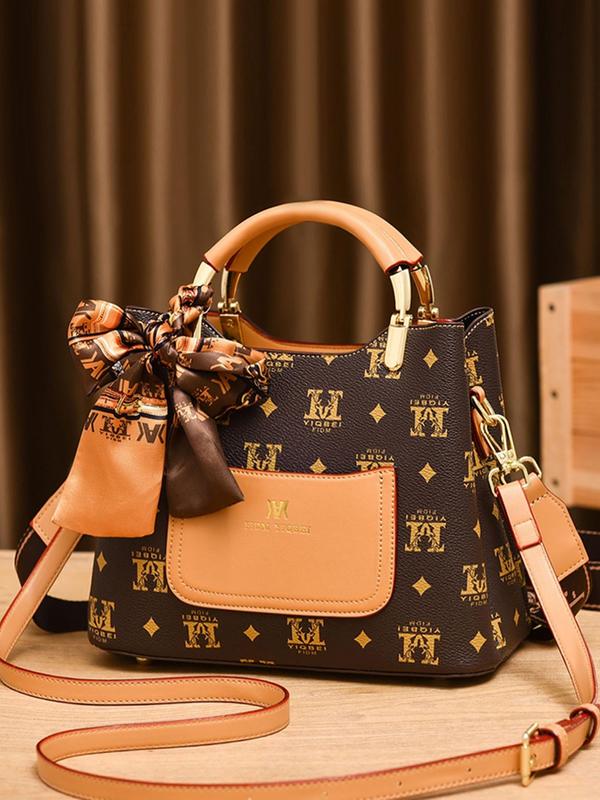 Temperament Geometric Pattern Handbag, New Trend All-match Handbag, Fashionable Shopping Bag with Leaf Charm Or Twilly Scarf Decor