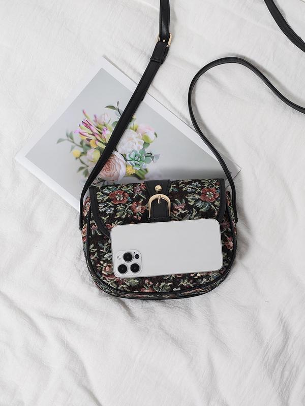 Women's Vintage Floral Pattern Contrast Binding Design Saddle Bag, Boho Style Crossbody Bag, Fashionable Bag for Daily Use