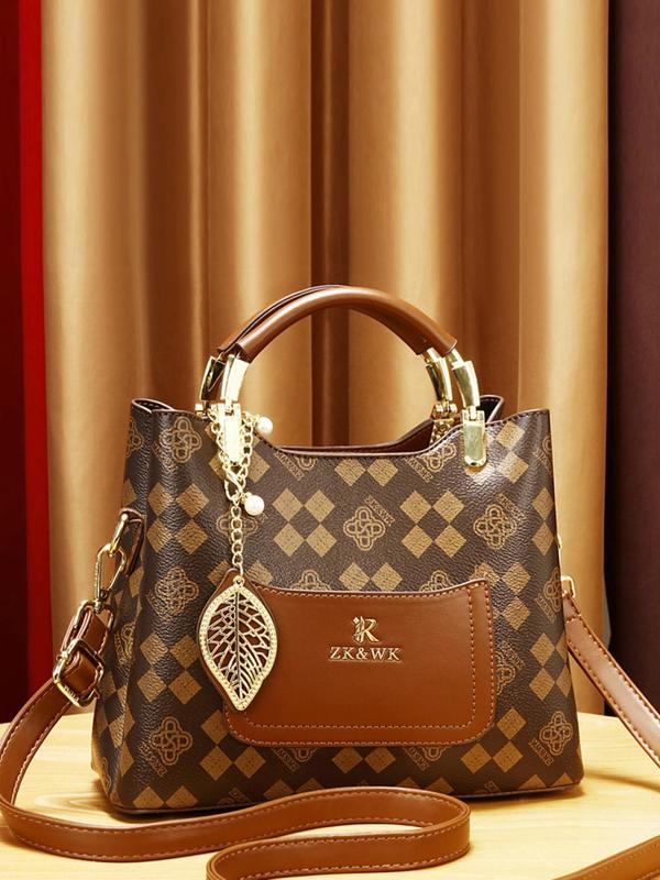 Temperament Geometric Pattern Handbag, New Trend All-match Handbag, Fashionable Shopping Bag with Leaf Charm Or Twilly Scarf Decor