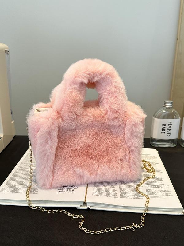 Solid Color Fluffy Plush Handbag, Fashionable Faux Fur Crossbody Bag for Women & Girls, Casual Trendy Versatile Fuzzy Daily Commuting Bag