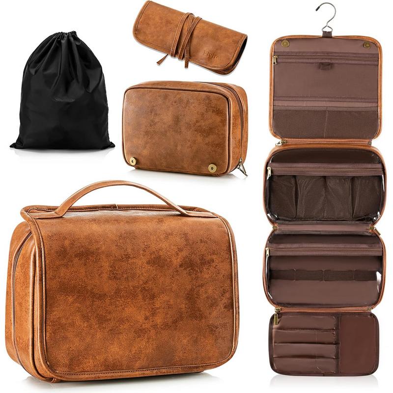 Toiletry Bag Hanging Travel Organizer for Men and Women, 3 in 1 Multifunctional Large Makeup Cosmetic Case for Toiletries Accessories, Water-resistant PU Leather Bathroom Dopp Kit Shaving Bag