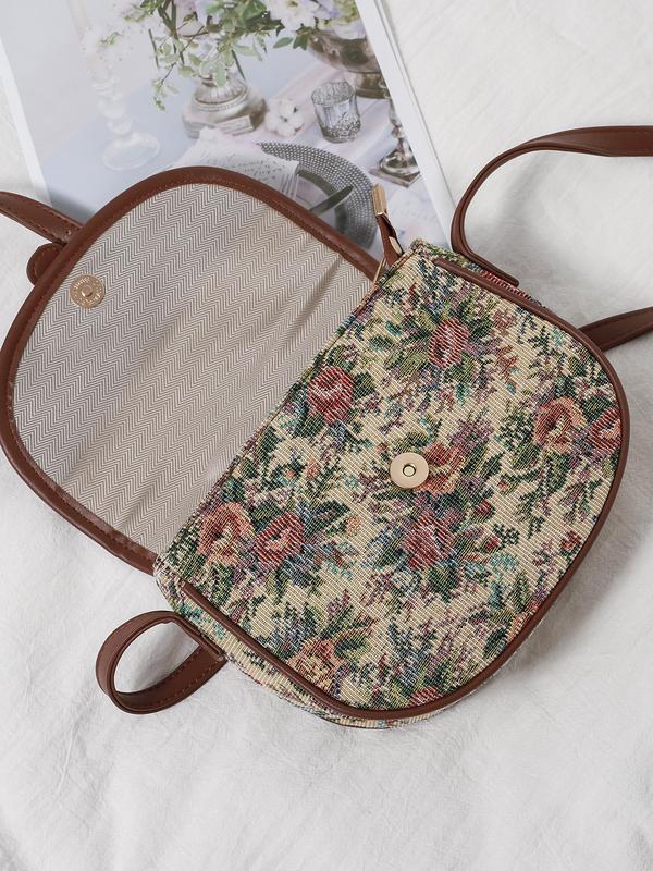 Women's Vintage Floral Pattern Contrast Binding Design Saddle Bag, Boho Style Crossbody Bag, Fashionable Bag for Daily Use