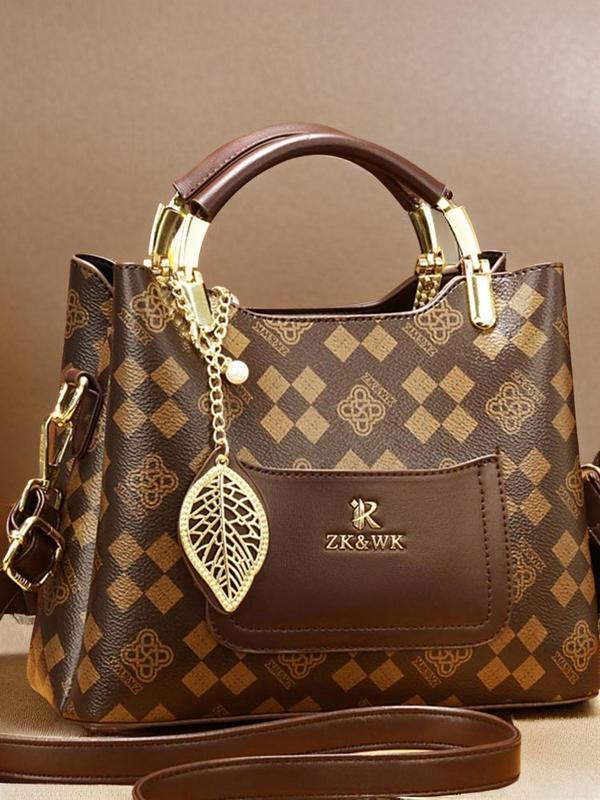 Temperament Geometric Pattern Handbag, New Trend All-match Handbag, Fashionable Shopping Bag with Leaf Charm Or Twilly Scarf Decor