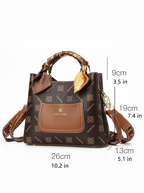 Temperament Geometric Pattern Handbag, New Trend All-match Handbag, Fashionable Shopping Bag with Leaf Charm Or Twilly Scarf Decor