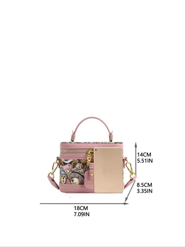 Fashionable Pu Leather Handbag, Cute Cartoon Bear Print Bucket Bag, with Adjustable Strap, Casual Trendy Versatile High-quality Daily Commuting Bag