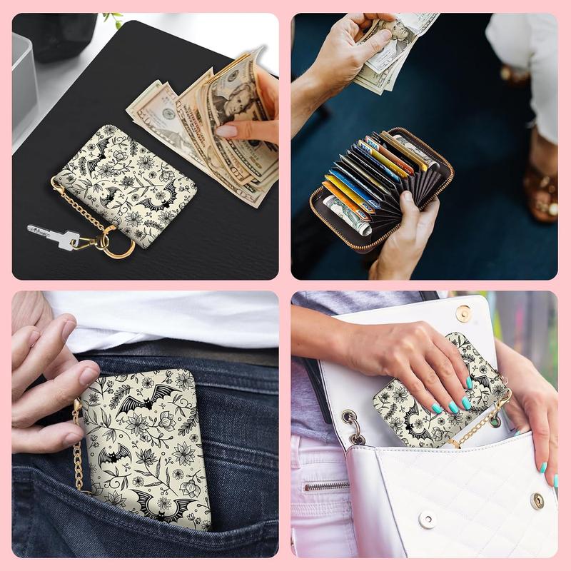 Goth Credit Card Holder for Women, Gothic Floral Small RFID Wallet with Zipper, Card Keychain Wallet, Leather Wallet Card Case, Business Accordion Wallet birthday Gift